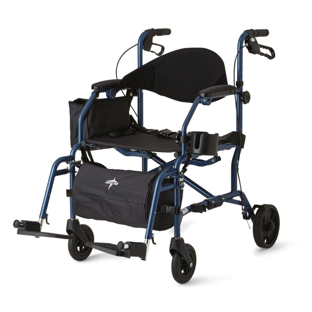 The Medline Translator Combination Rollator/Transport Chair in dark blue features black upholstery, handles, brakes, footrests, a storage pouch on the back, and a foldable four-wheel design for easy mobility.